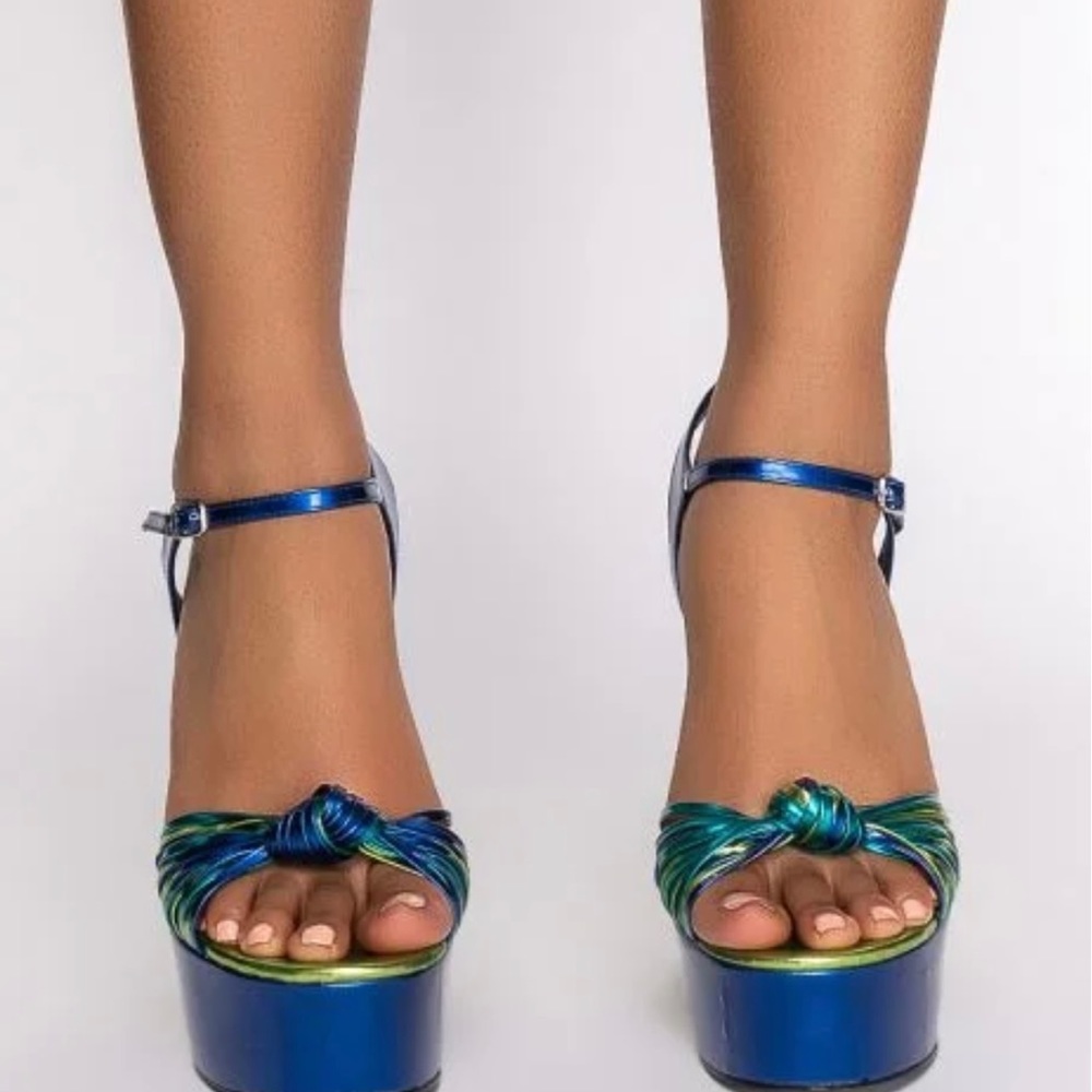 Azalea Wang Iridescent Blue Green Knot Platform Heels